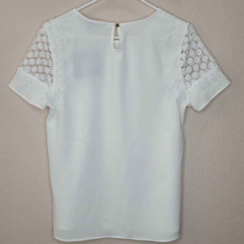 Marc New York Top Women Small White Floral Embroidered Mesh Short Sleeve Stretch - Picture 2 of 12